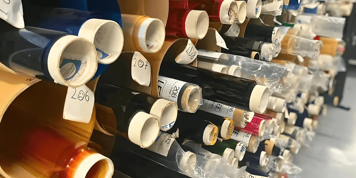 Rows of colourful rolled lighting gels with numbered labels in a storage rack.